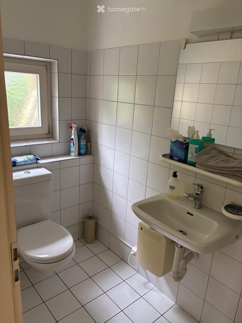 A small bathroom with white tiled walls and floor, featuring a toilet, sink with a mirror, and various toiletries on the sink counter and windowsill.