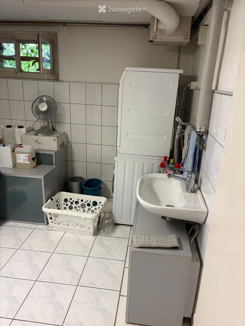 Small bathroom with a sink, washing machine, fan, and various storage items.