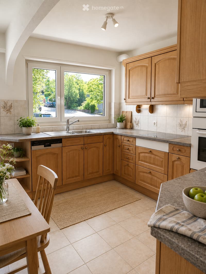 Bright kitchen with wooden cabinets, stainless steel sink, dishwasher, and oven. Features a dining area with a wooden table and chair, a countertop with a bowl of apples, and a vase with flowers. The room has large windows with a view of greenery outside.