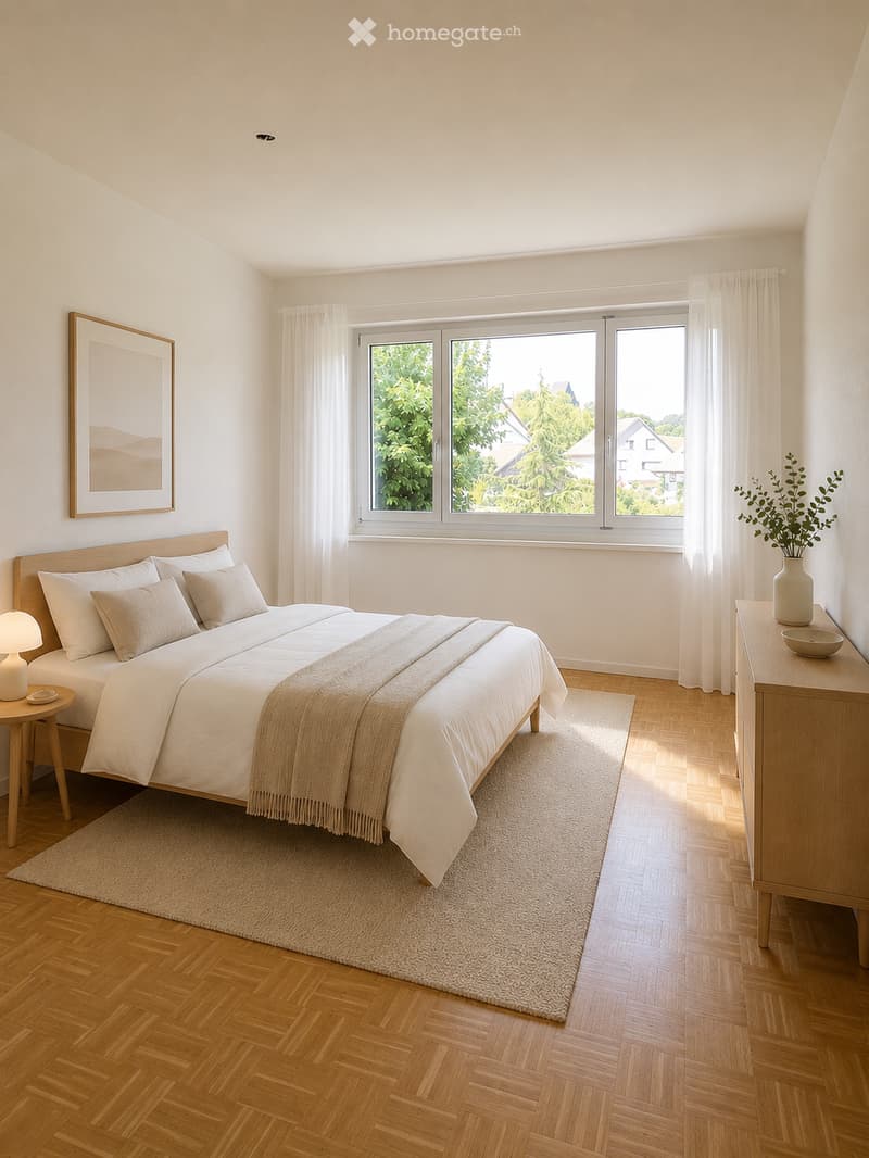 A modern, well-lit bedroom with a large bed, nightstand, lamp, side table, and a picture frame on the wall. The room features wooden flooring and large windows with white curtains.