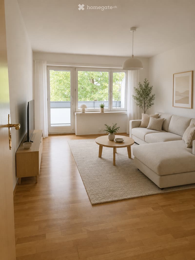 Bright living room with wooden flooring, large windows, a beige sofa, coffee table, ottoman, sideboard, TV, and decorative plants.