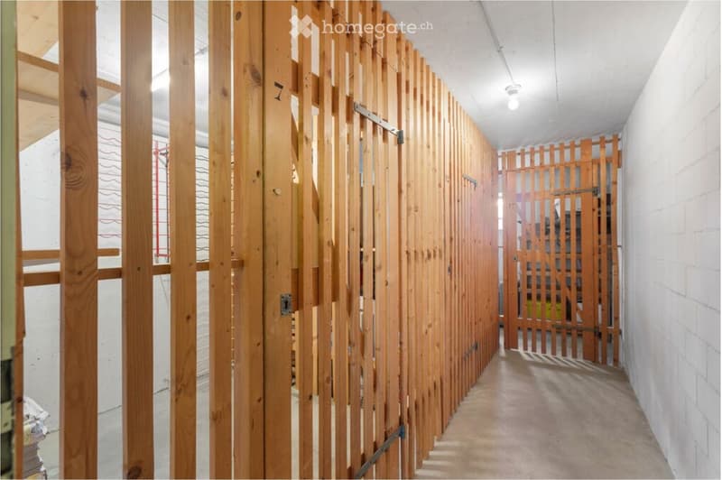 A narrow hallway with wooden panel walls and a light-colored carpeted floor. The hallway features a series of wooden doors and a visible light fixture on the ceiling.
