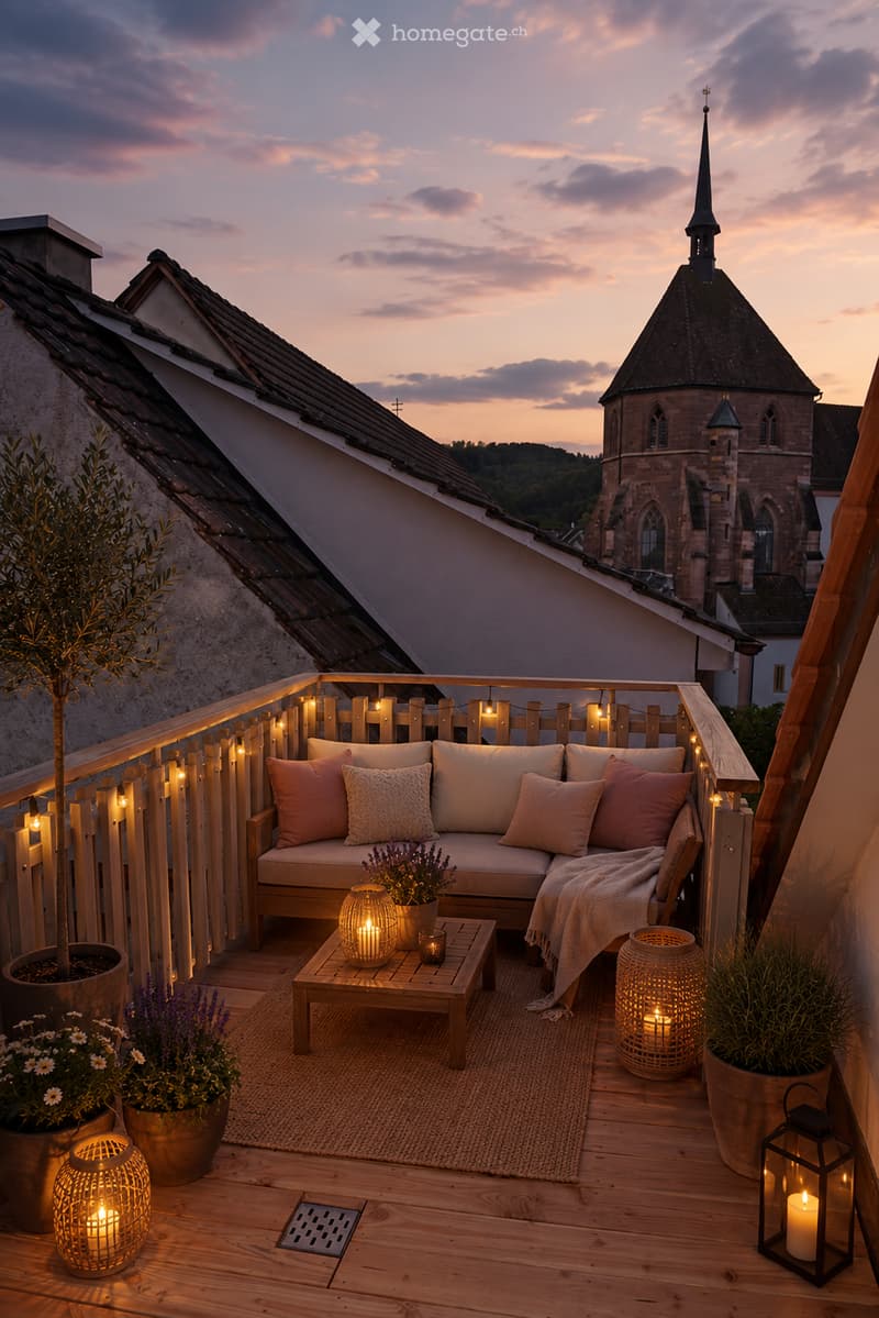 A cozy rooftop terrace with a wooden deck, a sofa with cushions, a coffee table, lanterns, and potted plants, overlooking a historic church.