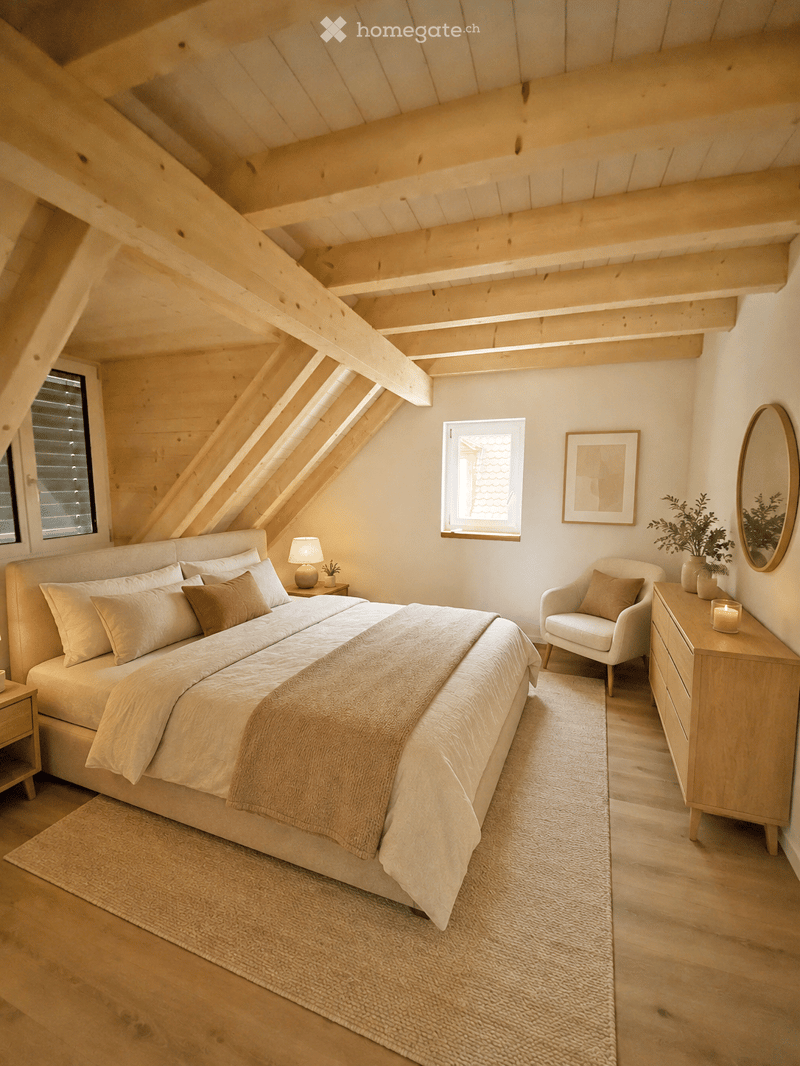 Cozy attic bedroom with wooden beams, large windows, a neatly made bed, a nightstand with a lamp, a white armchair, a dresser, and decorative plants.