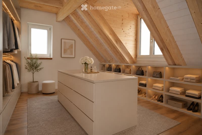 Spacious walk-in closet with wooden slanted ceilings, built-in wardrobe, shelves for shoes and bags, a small seating area with a stool, and a decorative plant.
