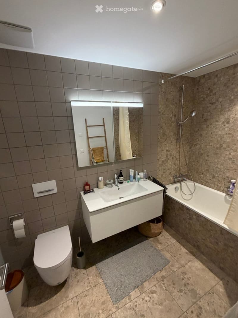 Modern bathroom with a white sink, mirror, toilet, bathtub, and showerhead. The room features tiled walls and a gray rug on the floor.