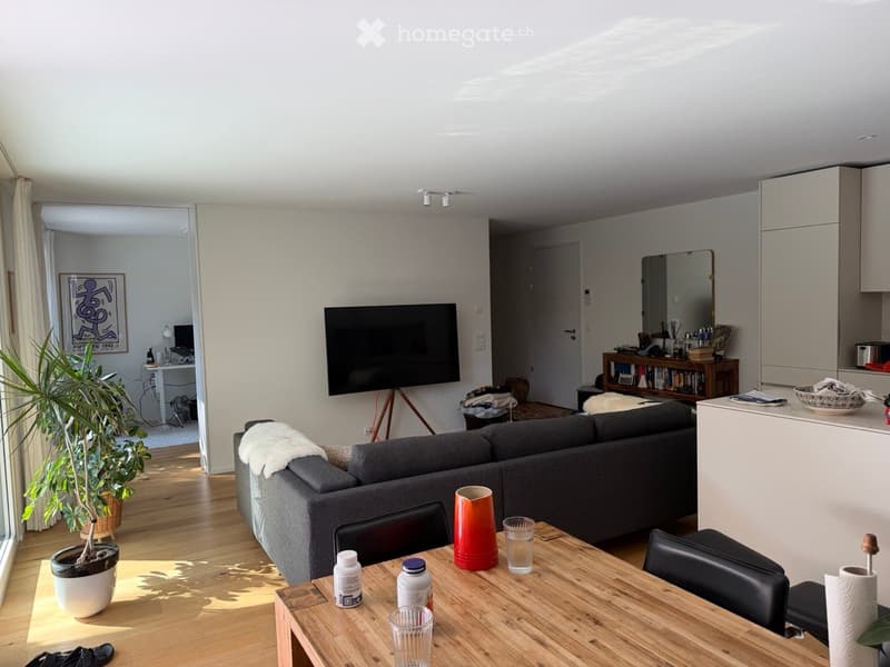 A modern living room with a grey sectional sofa, a wooden coffee table with cups and bottles, a flat-screen TV on a stand, a potted plant, and a small kitchen area with cabinets and a mirror.