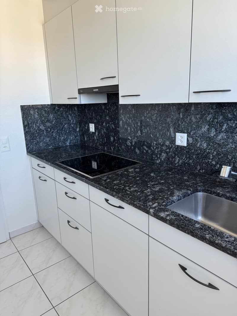 Modern kitchen with white cabinets, granite countertop, electric stove, and stainless steel sink.
