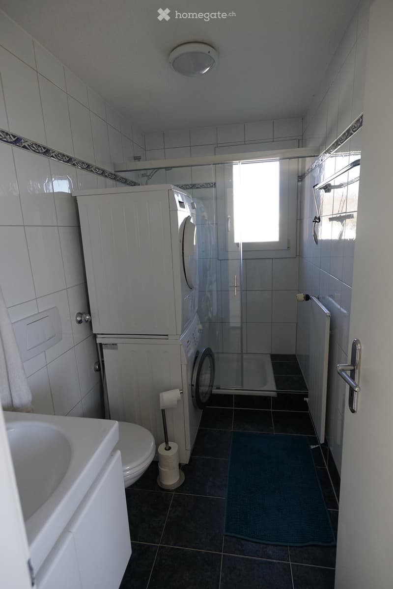 Modern bathroom with white tiles, a glass-enclosed shower, a washing machine, a sink, a toilet, and a towel on the floor.
