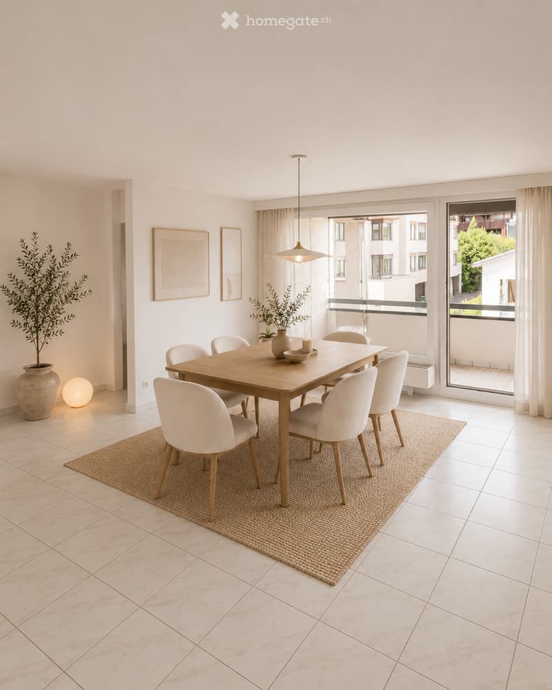 Bright dining room with a wooden dining table, six chairs, pendant light, and a view to a balcony. Includes a large rug, decorative vases, and picture frames on the walls.