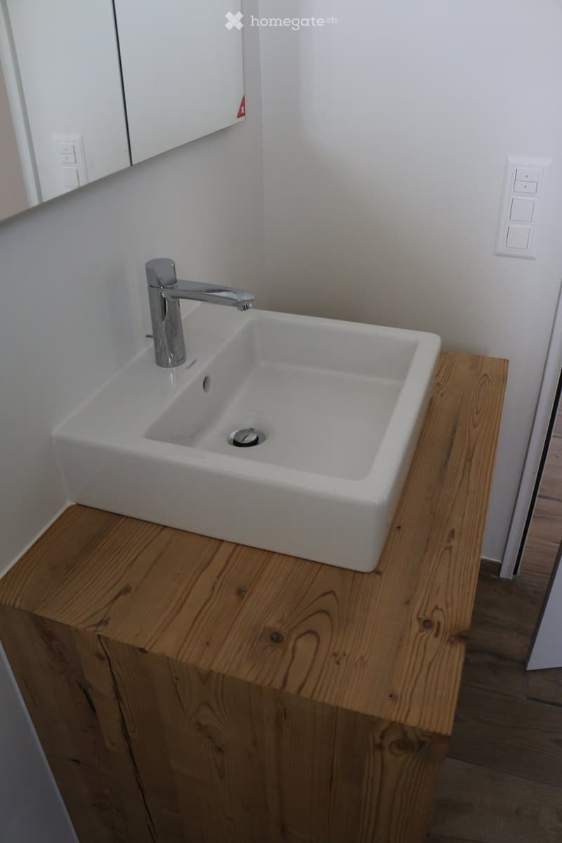 Modern bathroom sink with a sleek chrome faucet, placed on a wooden countertop.