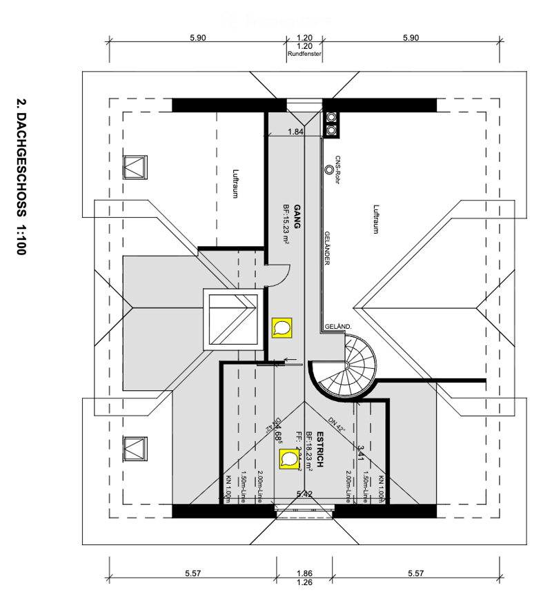 Floor plan of the second floor showing a hallway, living room, dining room, and two bedrooms with bathrooms.