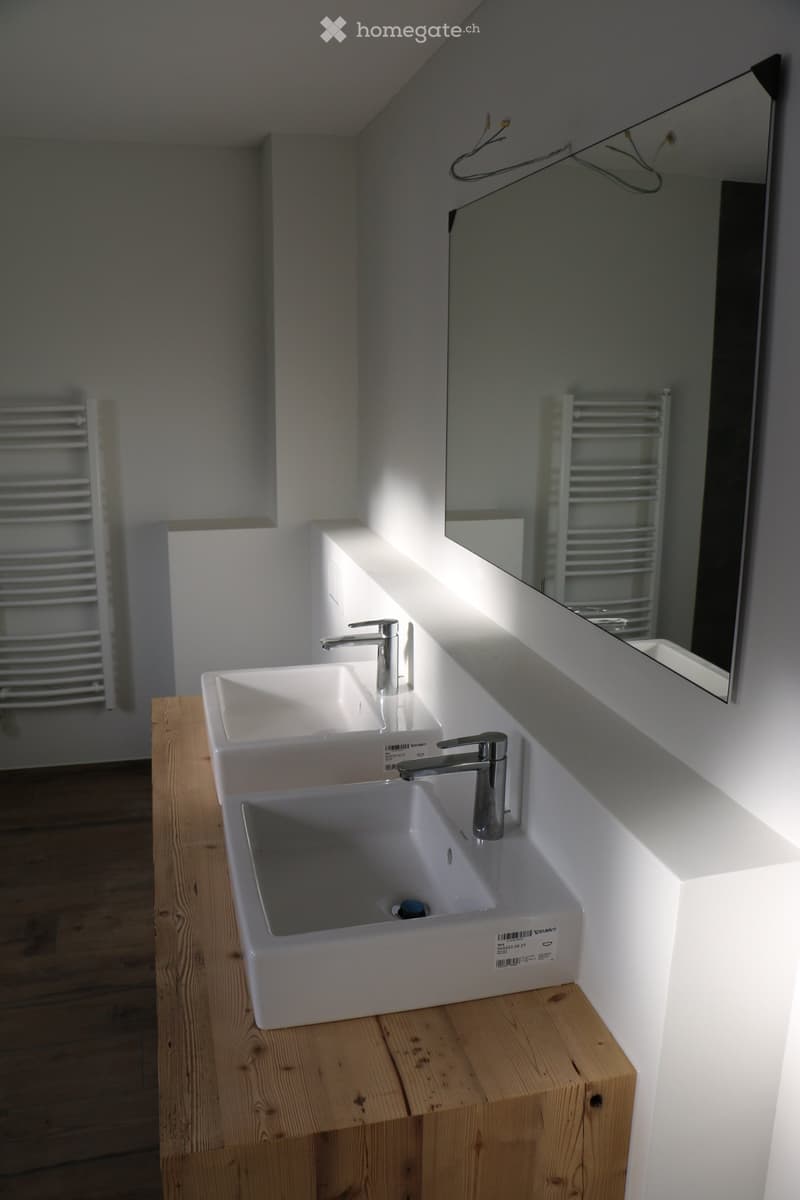 Modern bathroom with two white sinks on a wooden countertop, chrome faucets, a large mirror, and a white radiator.