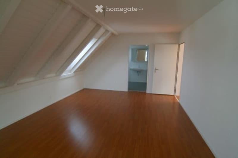 Empty attic room with wooden flooring, white walls, skylights, and a small adjacent bathroom.