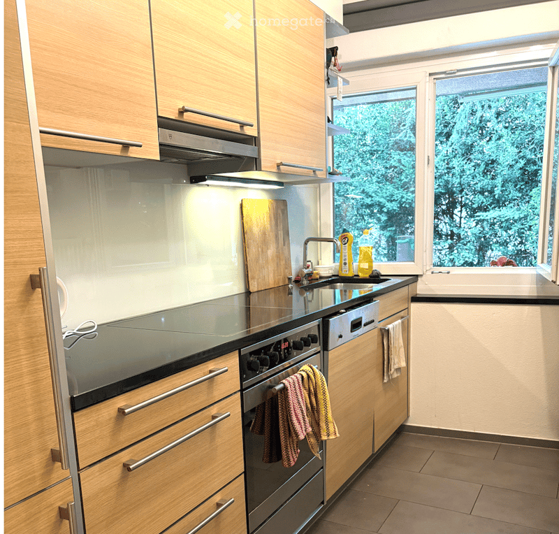 Modern kitchen with wooden cabinets, stainless steel appliances, and a large window overlooking greenery.