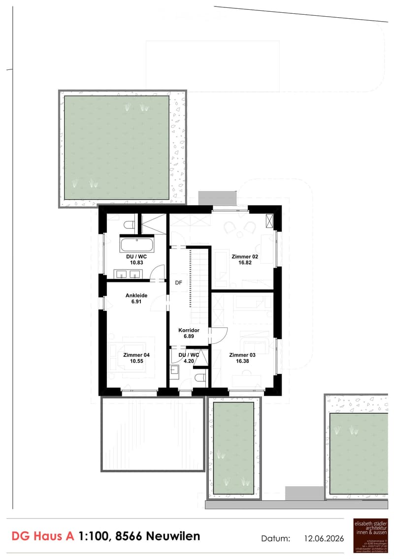 Floor plan of a house with four bedrooms, two bathrooms, a corridor, and an entrance area. Includes labeled dimensions and room names.