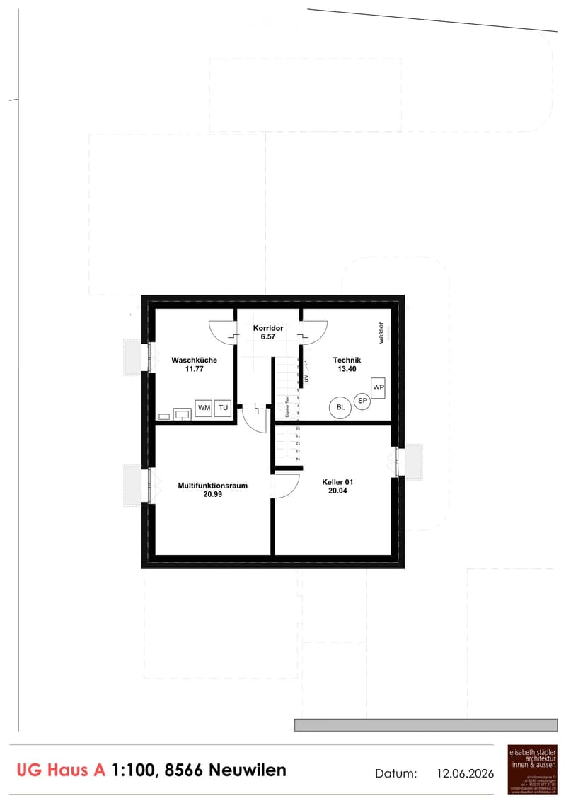Floor plan of UG Haus A in Neuwilen, showing a corridor, wash kitchen, multifunctional room, technical room, and basement area.