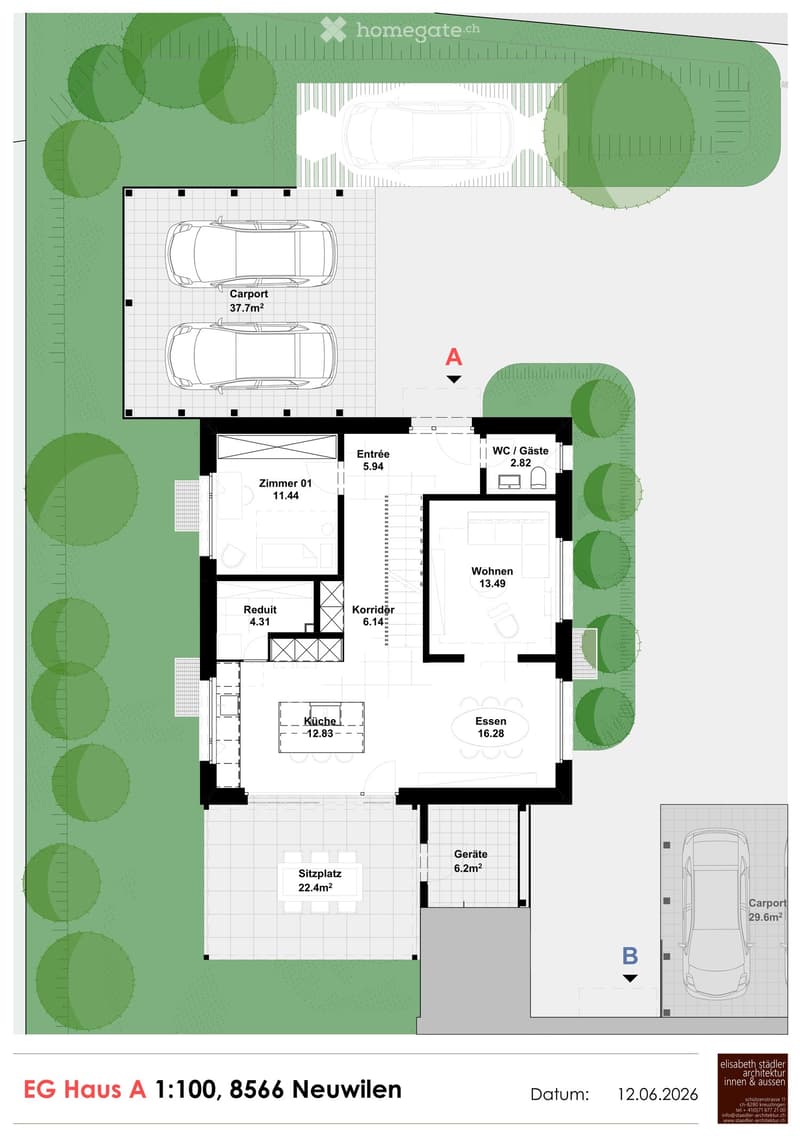 Ground floor floor plan of a house in Neuwilen, showing rooms including living area, kitchen, dining area, bedroom, bathroom, and a carport.