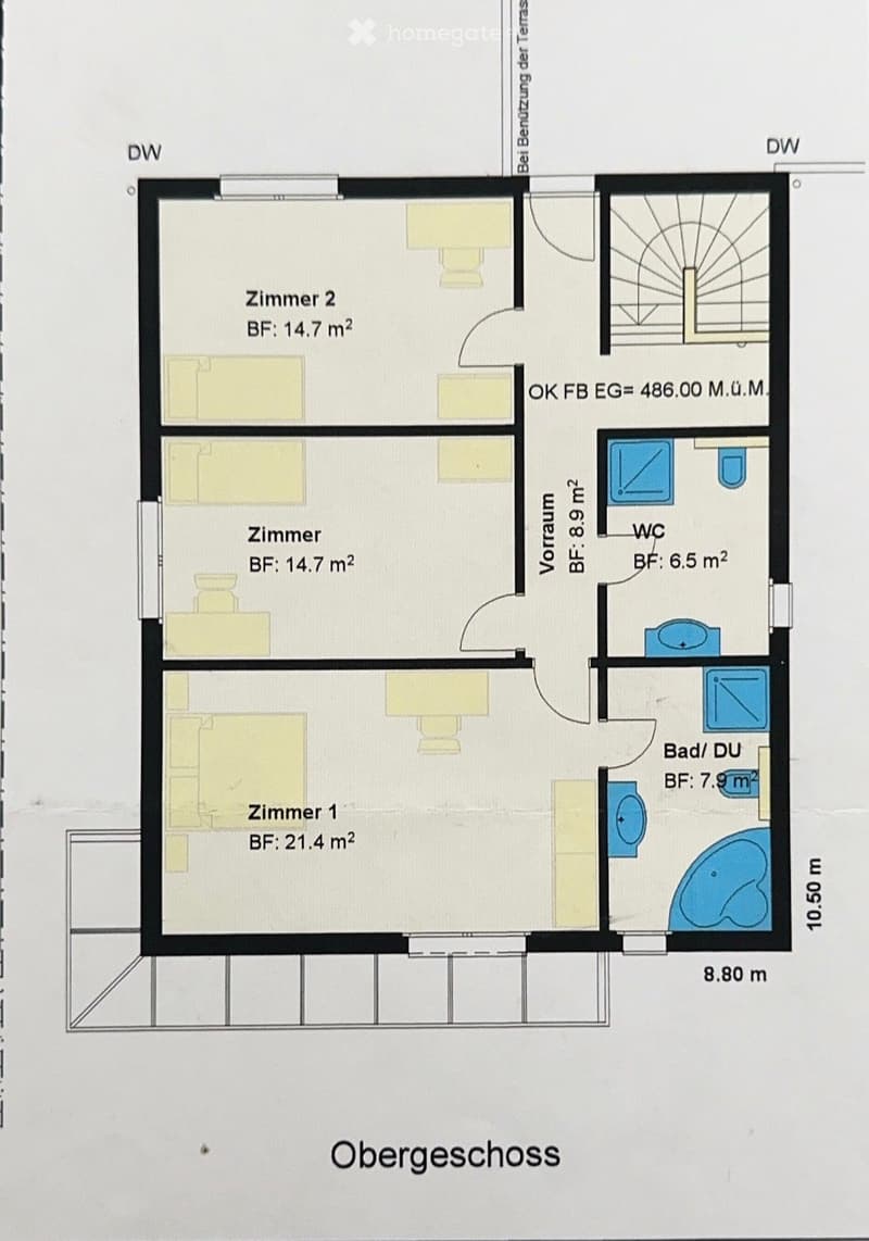 Floor plan of the upper floor showing three bedrooms, a bathroom with shower and toilet, a hallway, and a WC.