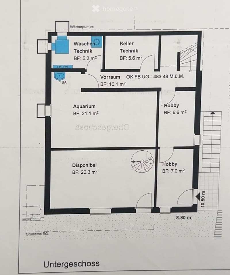 Floor plan of a basement level showing rooms including a washroom, technical room, aquarium, hobby areas, and a storage space.
