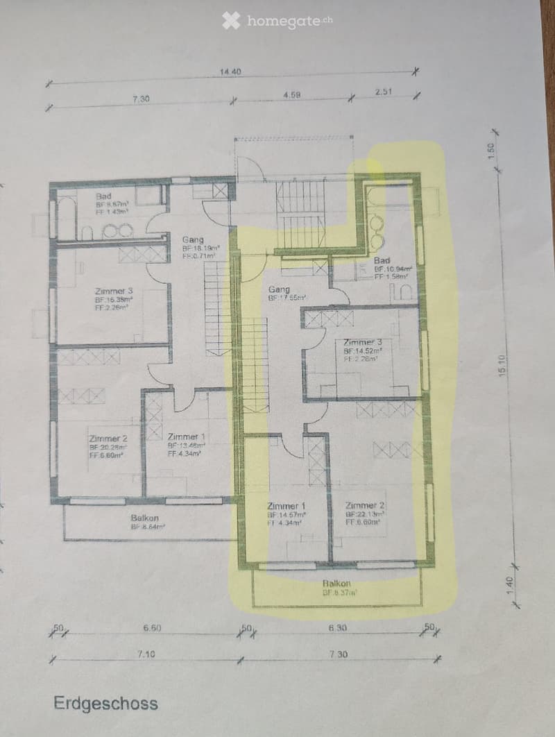 Floor plan of a ground floor showing three bedrooms, two bathrooms, two hallways, and two balconies.