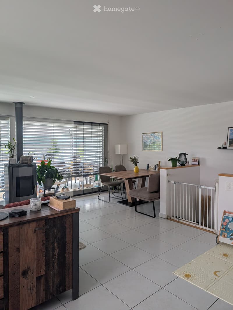Bright living room with tiled floor, fireplace, dining table, chairs, potted plants, and a baby gate.