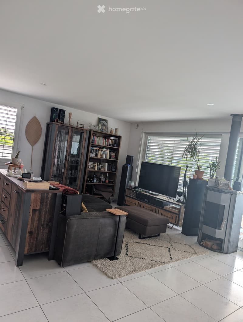 Modern living room with a dark leather sofa, ottoman, coffee table, bookshelf, cabinet, television, fireplace, and plants.