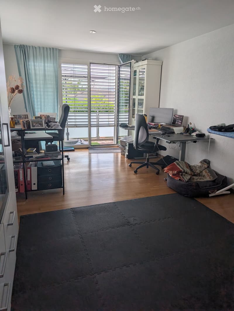 Bright, modern room with wooden flooring, large windows, two desks with chairs, a pet bed, and a cabinet.