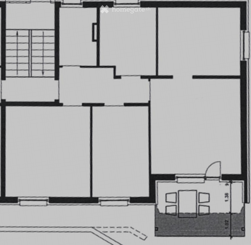 Floor plan of a house with multiple rooms including a living area, bedrooms, and a kitchen.