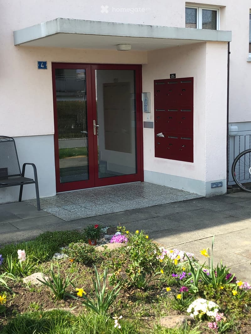 Entrance to a building with a red double door, a mailbox, a bicycle, and a small garden with colorful flowers and green plants.