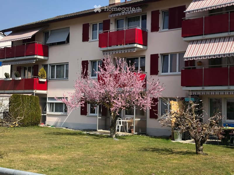 A two-story residential building with multiple balconies, red shutters, and striped awnings. The front yard features a blooming tree, a small patio with a table and chairs, and neatly trimmed grass.