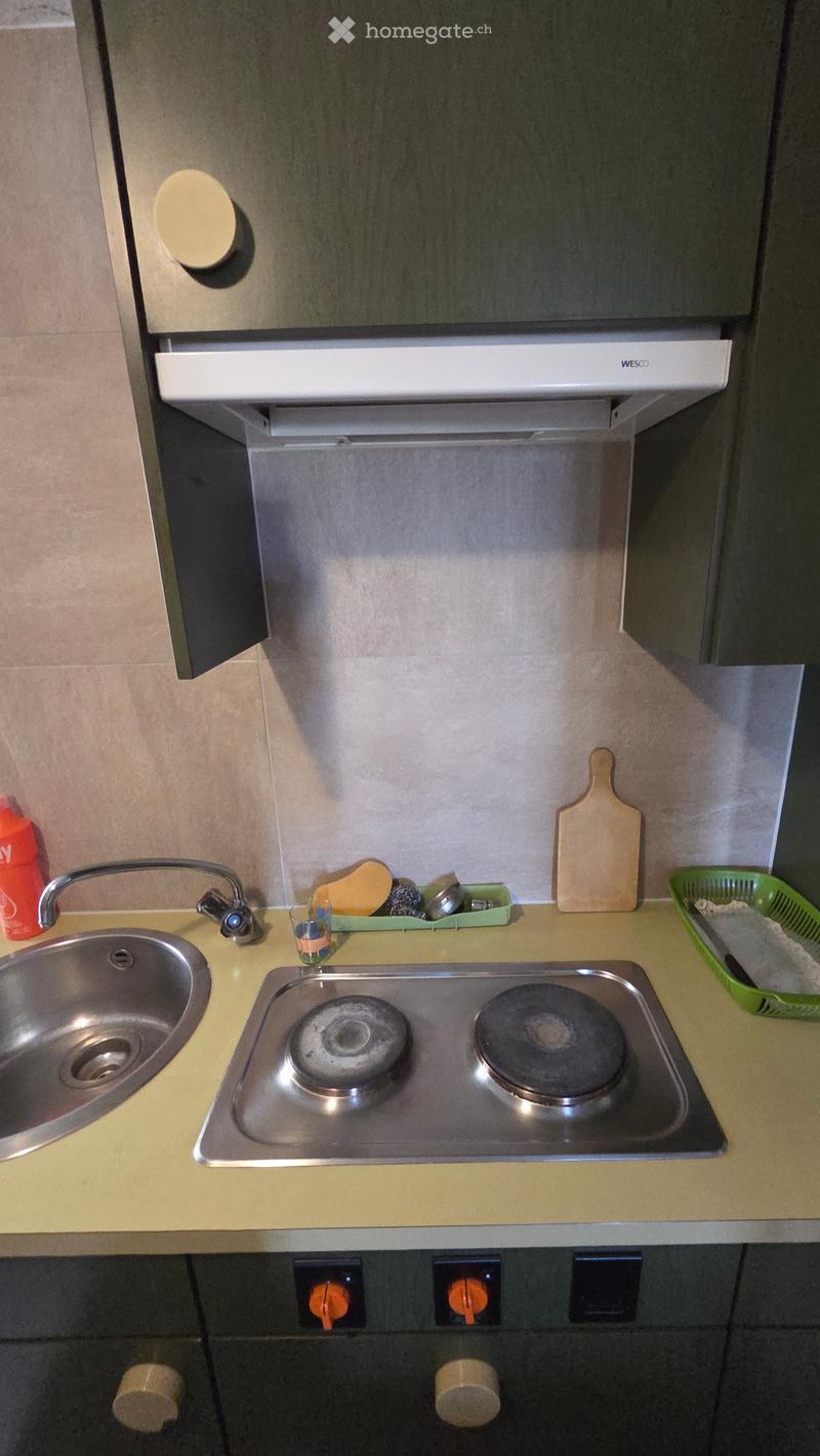 Modern kitchen with stainless steel sink, induction cooktop, and wooden cutting board on the counter.