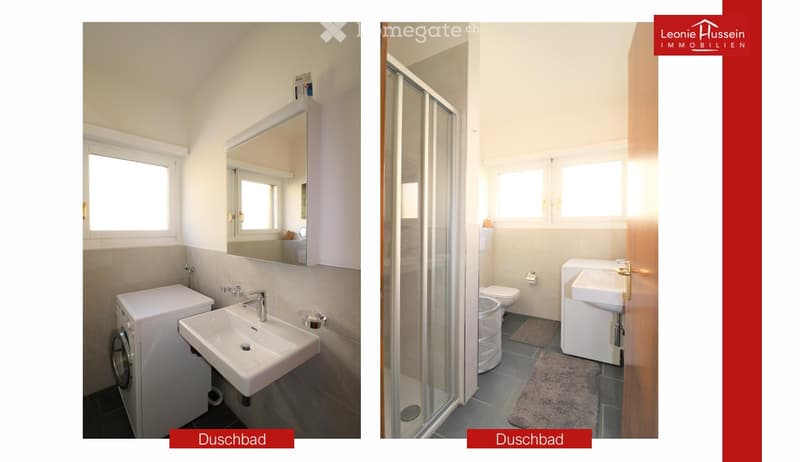 Two bathrooms shown: one with a sink, mirror, and washing machine; the other with a shower, sink, and toilet.