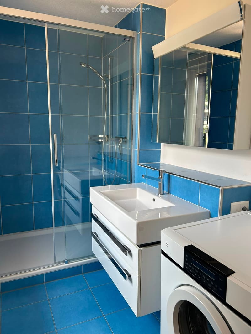 Modern bathroom with blue tiles, a glass-enclosed shower, a white sink with a modern faucet, a mirror, and a washing machine/dryer unit.