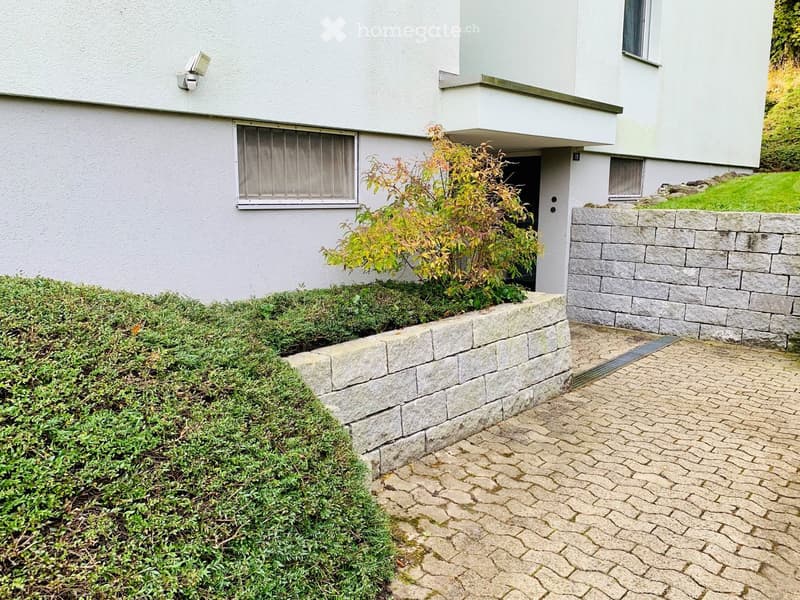 Garden / Outdoor Area. A well-maintained garden area with a stone pathway leading to a house entrance, featuring neatly trimmed bushes, a small tree, and a stone wall.