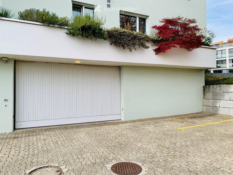 Building. Modern two-story building with a garage, white facade, and greenery on the roof.