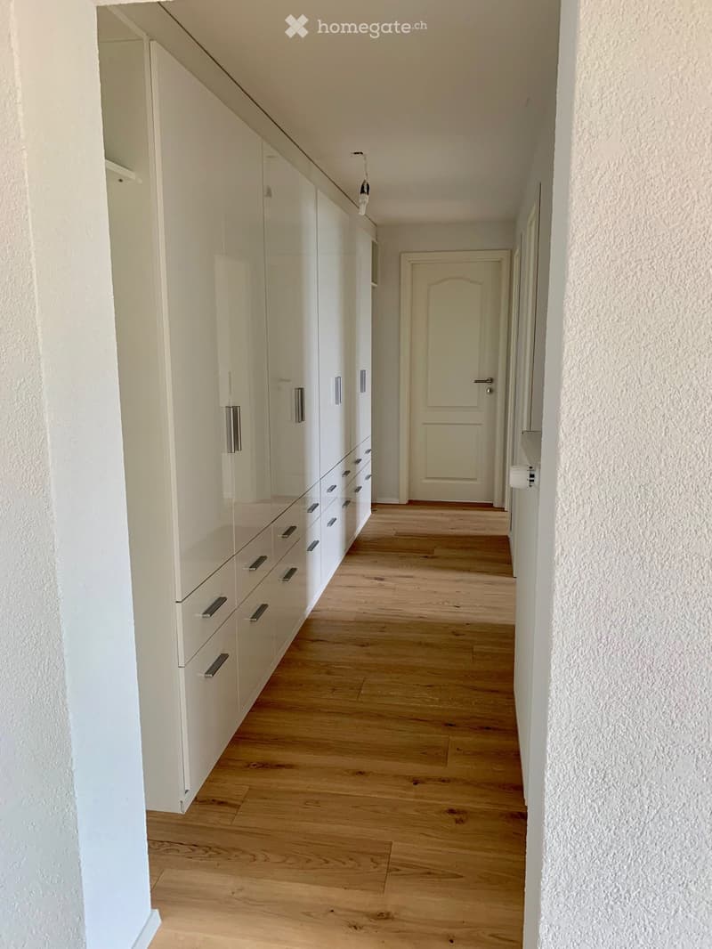 Clean, minimalist hallway with light wooden flooring, white walls, built-in white storage units with mirrored doors and drawers, and a closed door at the end.