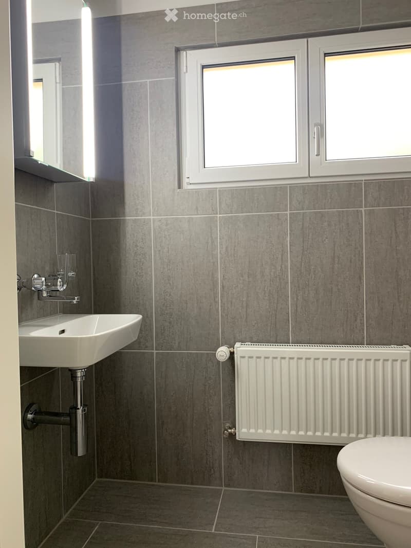 Modern bathroom with grey tiled walls, a white sink with chrome faucet, a white radiator, and a white toilet.