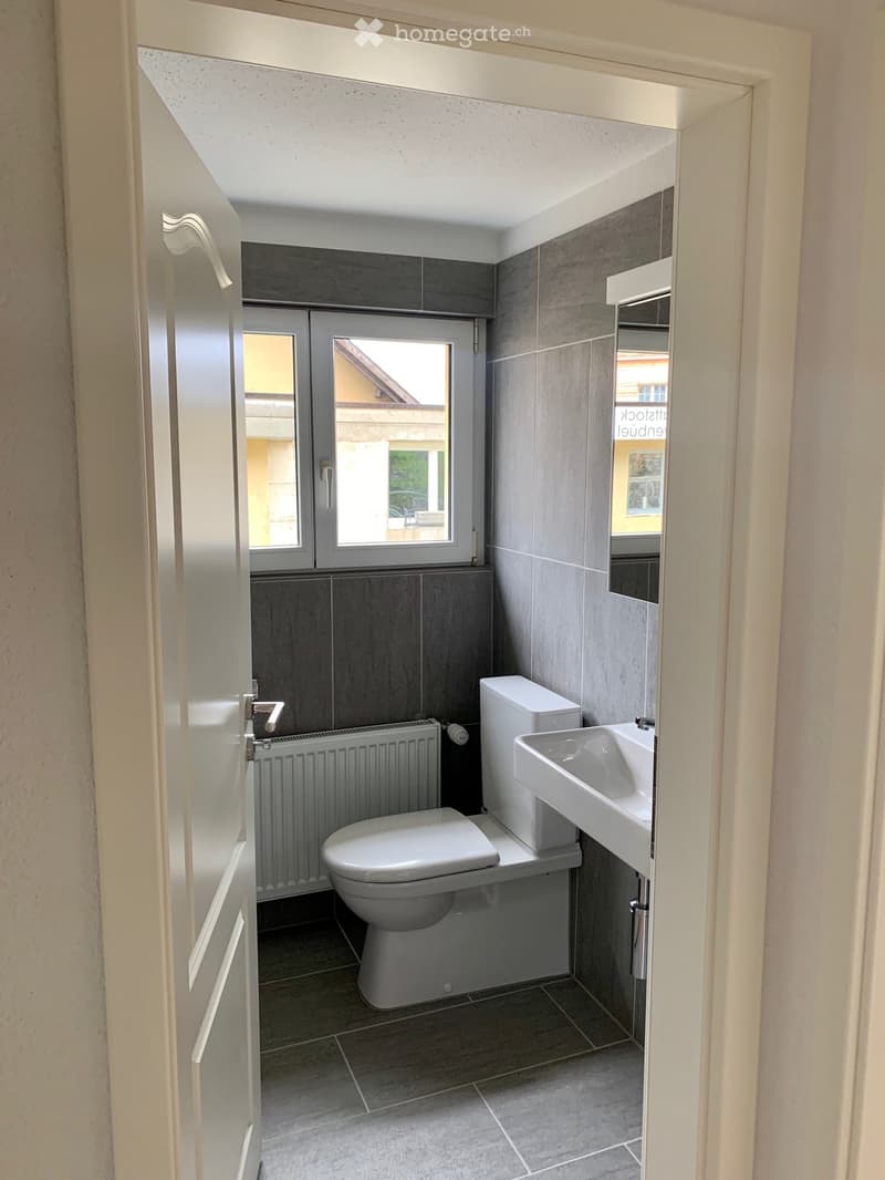 Modern bathroom with white toilet, sink, radiator, and grey tiled walls and floor. Features a window with a view of the outside.