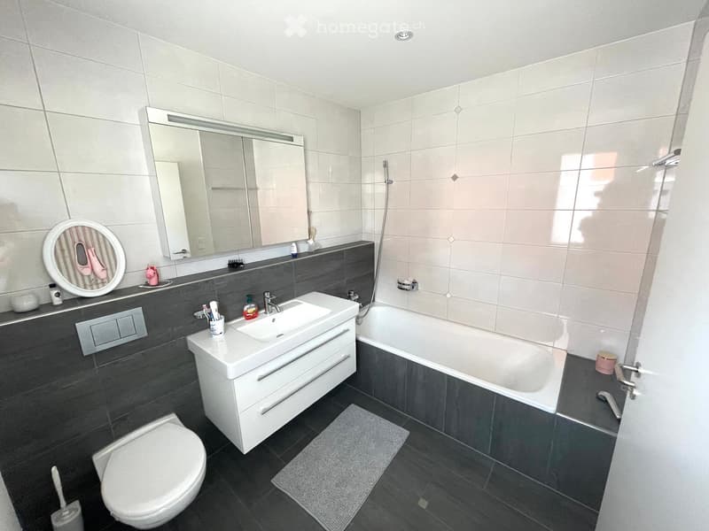 Modern bathroom with a white sink, toilet, bathtub, and large mirror. Features dark grey tiles, a grey bathroom cabinet, and a grey rug on the floor.