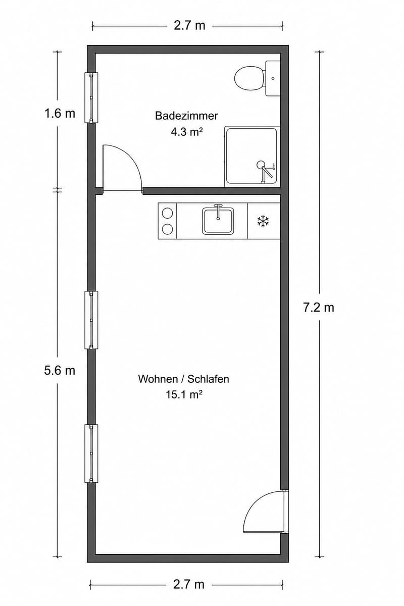 Floor plan of a compact apartment with a living/sleeping area (15.1 m²) and a bathroom (4.3 m²). The bathroom includes a toilet, sink, and shower.