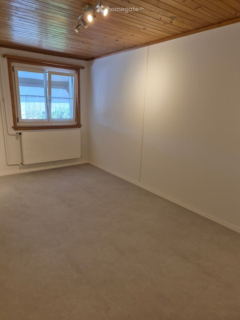 Empty room with beige carpet, white walls, wooden ceiling, and a window with a radiator below it.