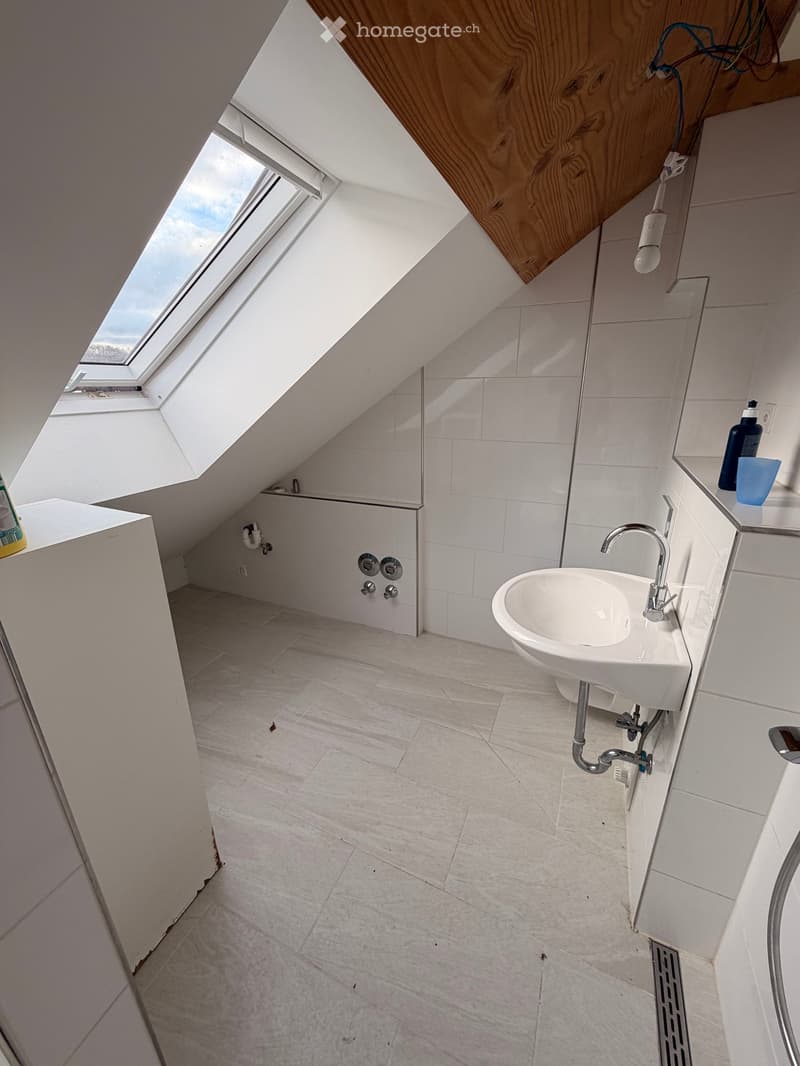 Modern attic bathroom with skylight, white tiles, sink, and storage cabinet.