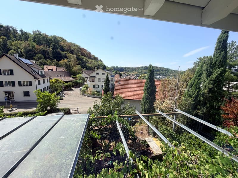 Balcony overlooking a residential area with houses, trees, and a clear blue sky.
