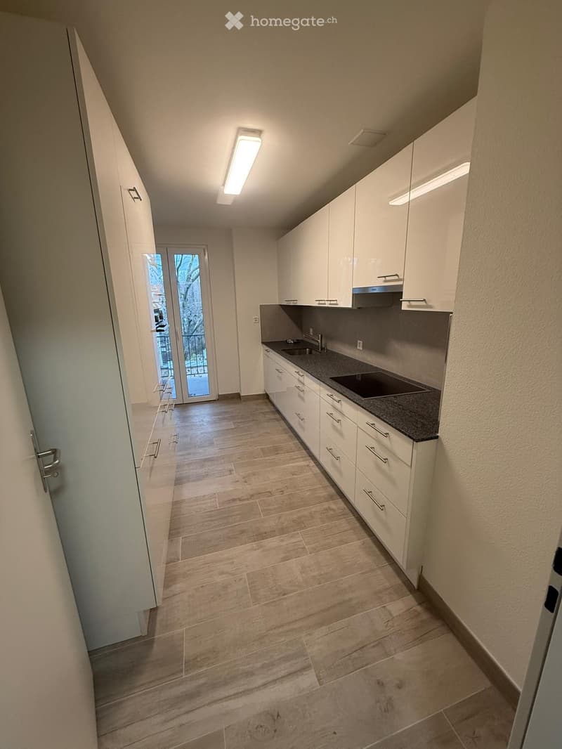 large white kitchen, wooden floor, two sinks, double countertop, white cabinets, balcony door