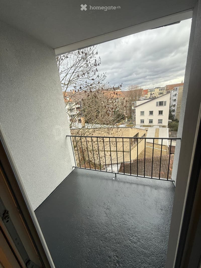 open balcony, view of town, railings, winter season