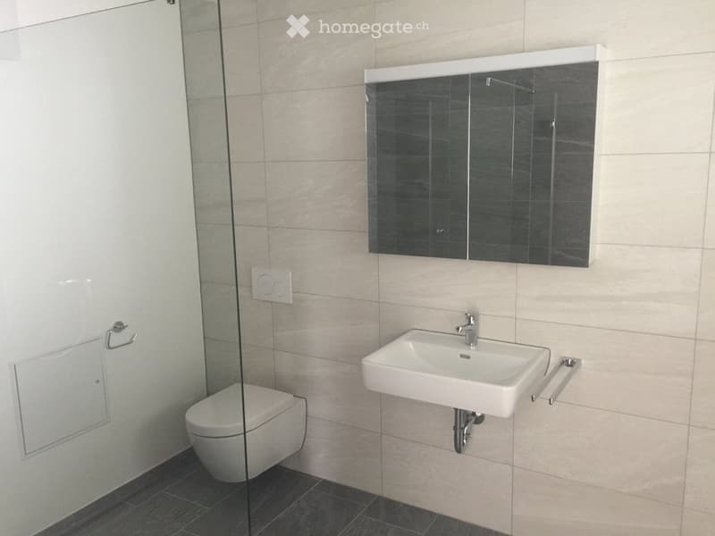 Modern bathroom with a white sink, chrome faucet, toilet, large mirror, and towel rack. Light beige tiles on walls and dark tiles on floor.