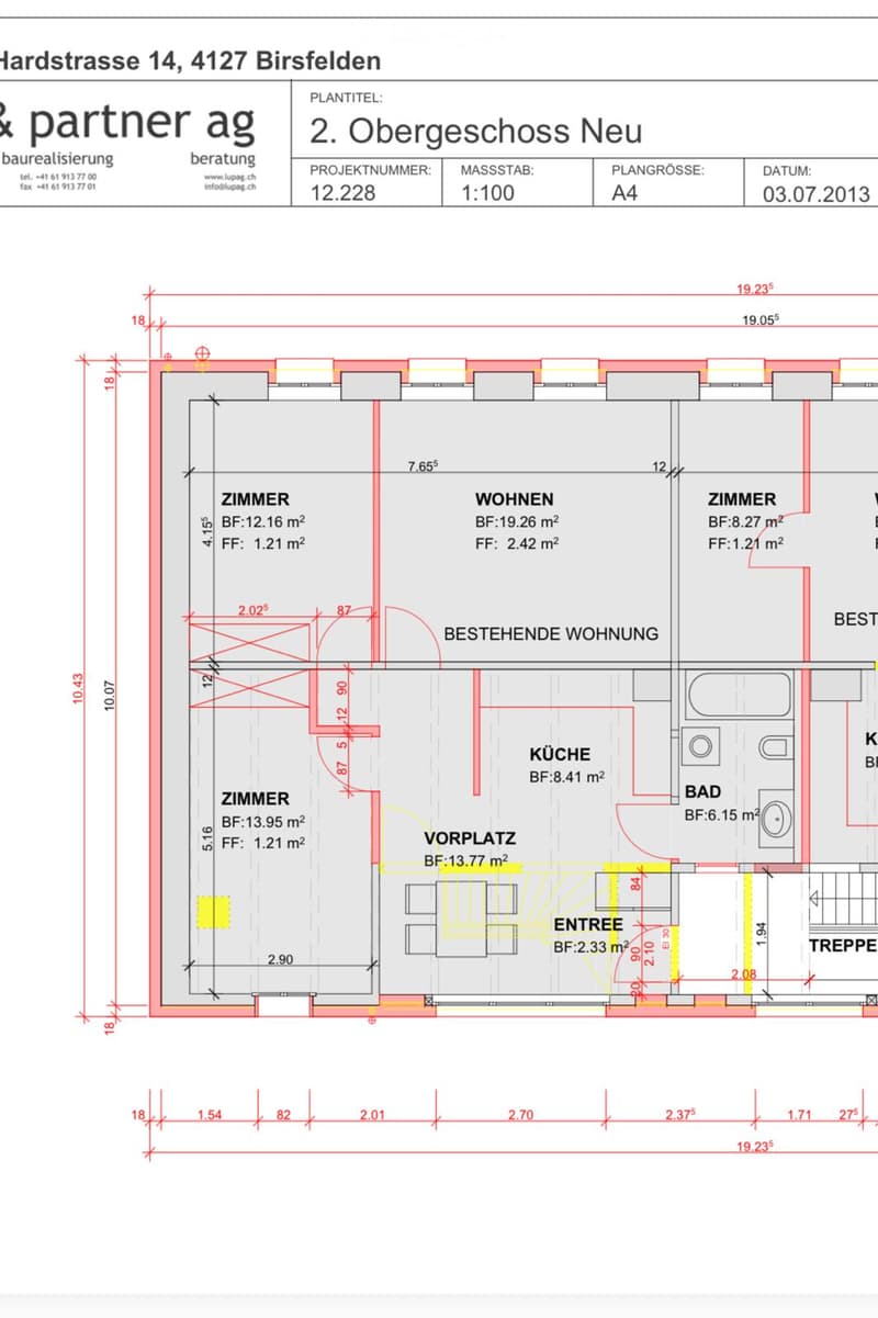Floor plan of the second upper floor showing rooms labeled as Zimmer, Wohnen, Bestehernde Wohnung, Küche, Bad, Vorplatz, and Entrée, with dimensions and floor areas indicated.