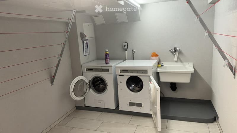 Compact bathroom with a washing machine, dishwasher, and sink, featuring tiled flooring and grey walls.