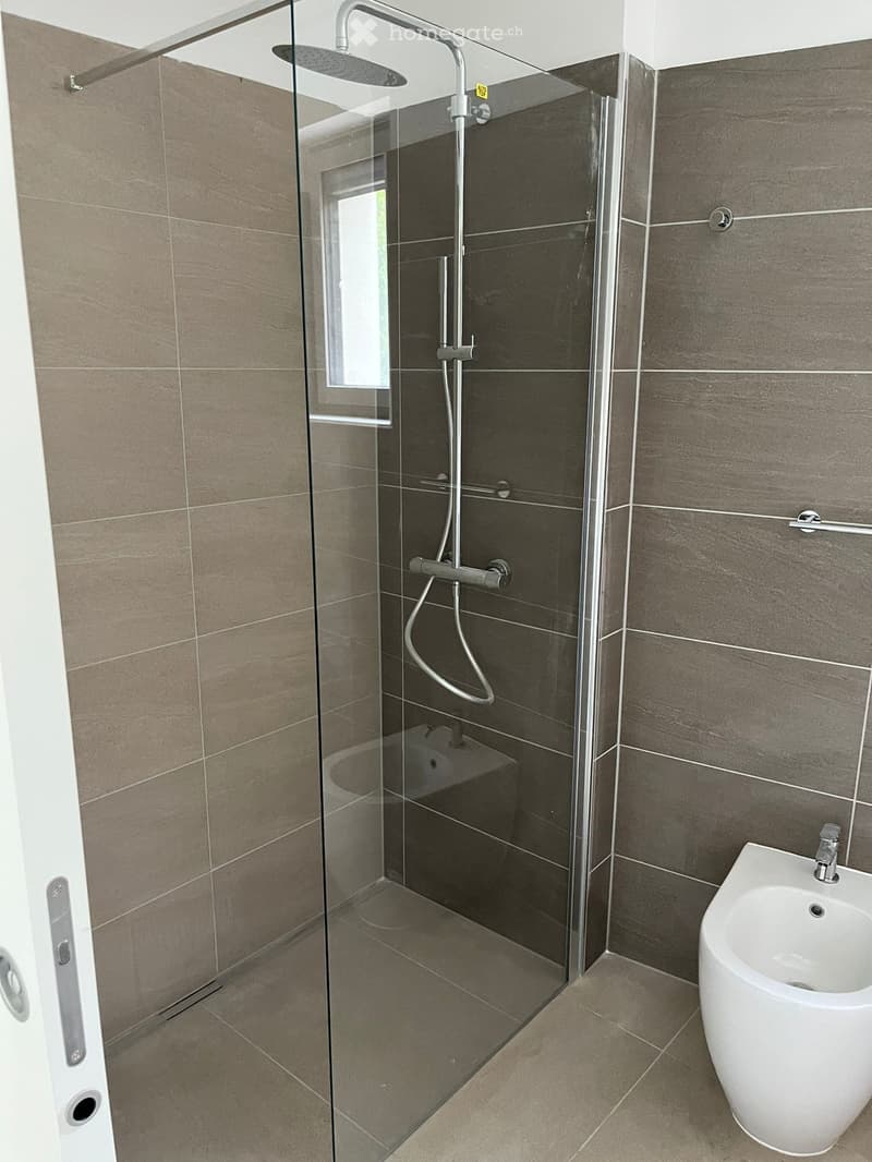 Modern bathroom with a glass-enclosed shower, a white bidet, and a sleek faucet.